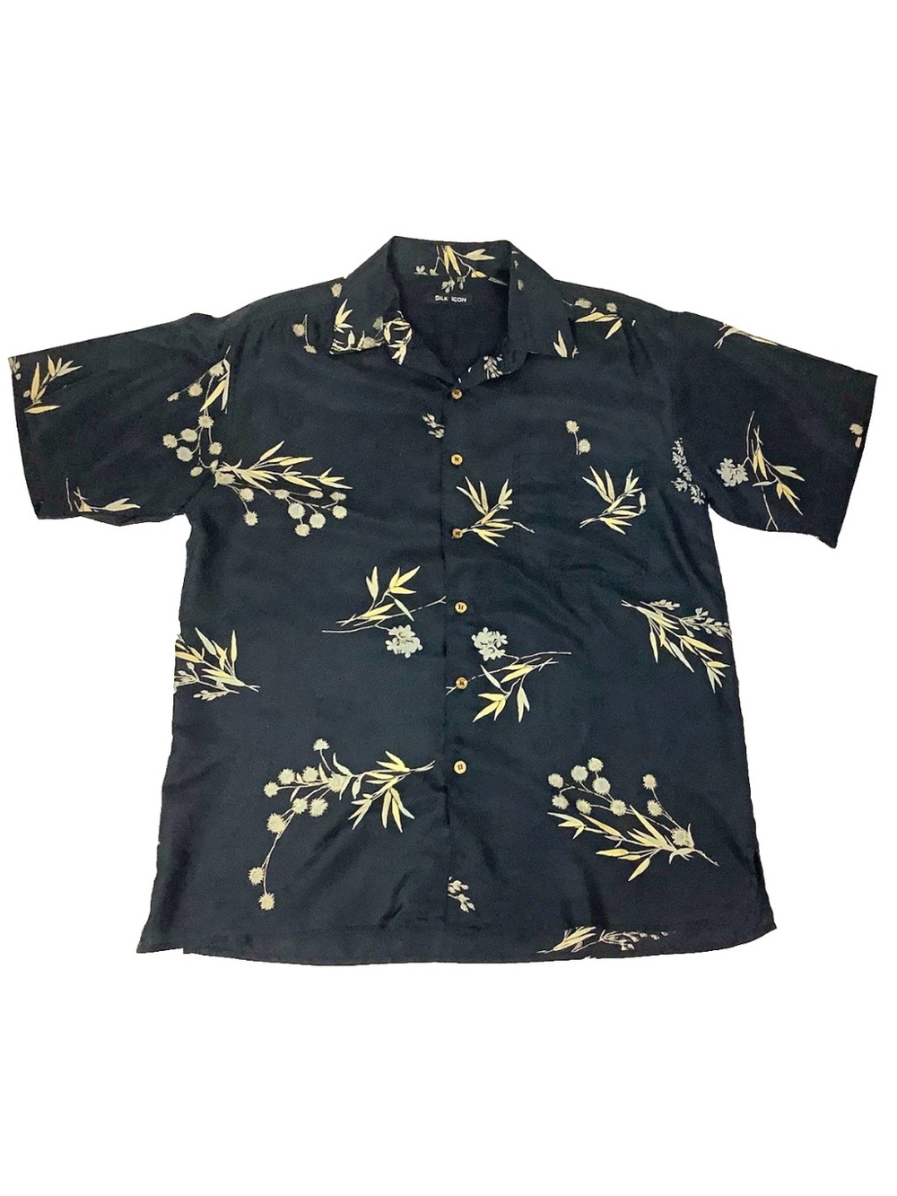 VTG Silk Icon Mens Sz L 100% Silk Floral Print Lightweight Button Shirt Black